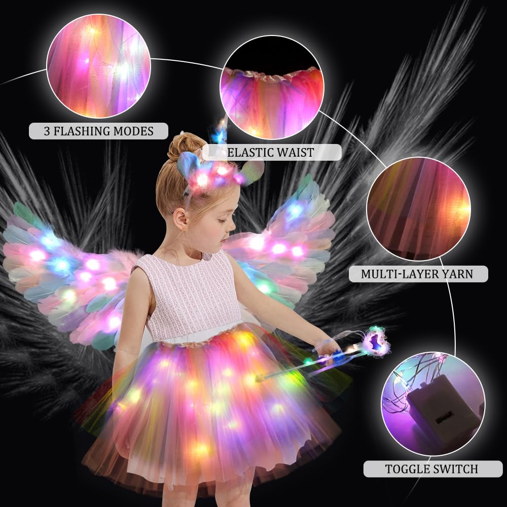 KUWUNG Light Up Fairy Costume for Girls, Kids Glowing Unicorn Costume with Feather Wings, LED Tutu Skirt, Magic Wand, Unicorn Headband, Children Fancy Dress for Halloween Christmas Carnival Party