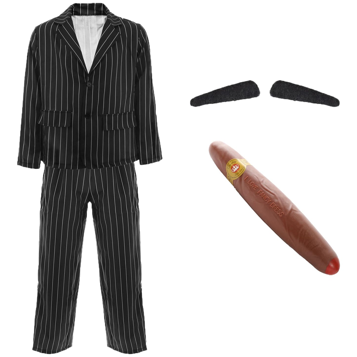 Adults Halloween Couples Costume - L + L - Pinstripe Suit Jacket & Trousers, Spiv Tash and Cigar, Ragged Black Dress and Long Black Wig - Adults Deluxe Couples Halloween Fancy Dress Costume