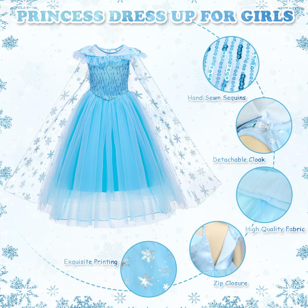 AYBUY Princess Dress Costume, Blue Princess Costume with Cape Train Wand Crown, Girls Fancy Dress for Halloween Christmas Party Cosplay,120