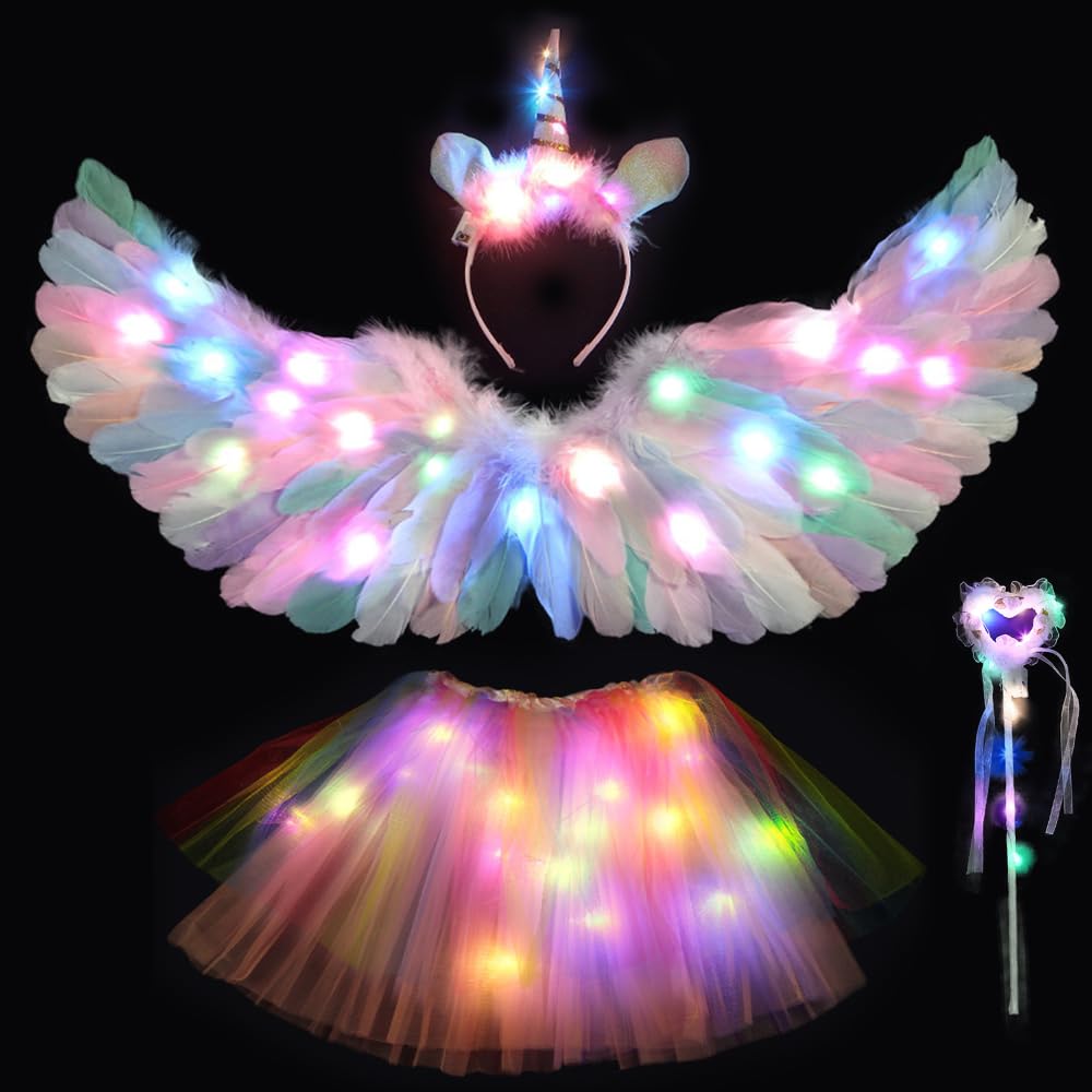 KUWUNG Light Up Fairy Costume for Girls, Kids Glowing Unicorn Costume with Feather Wings, LED Tutu Skirt, Magic Wand, Unicorn Headband, Children Fancy Dress for Halloween Christmas Carnival Party