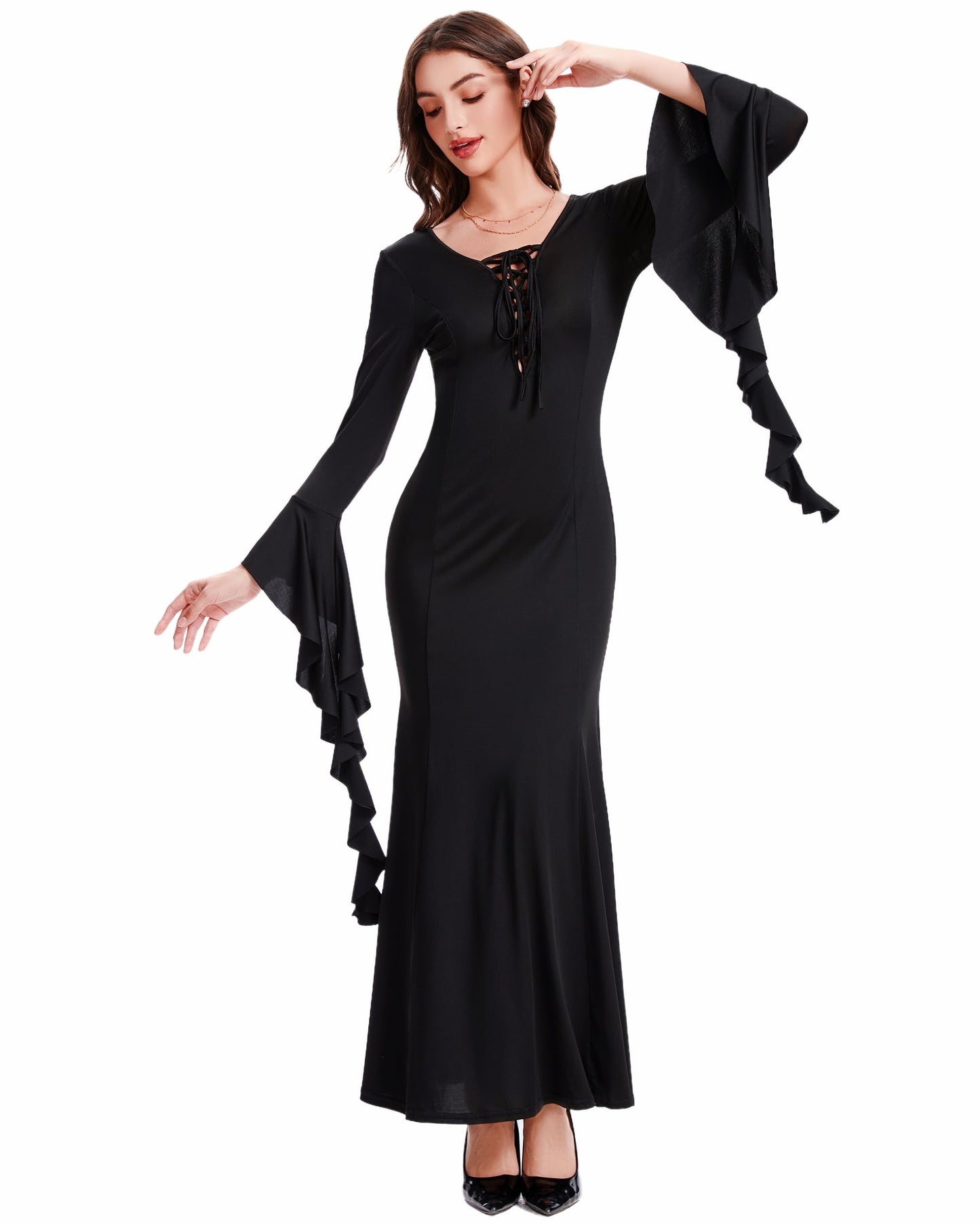 Womens Gothic Maxi Dress Long Sleeve Black Witch Costume Lace Up