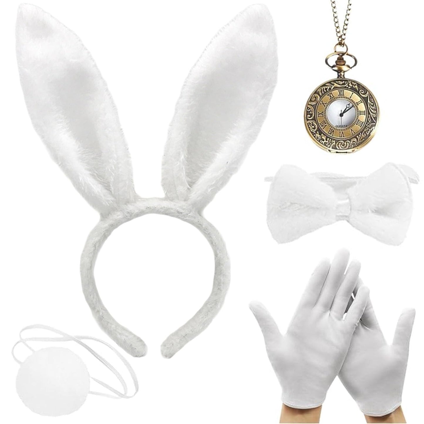 5Pcs White Rabbit Alice in Wonderland Costume Set, White Rabbit Costume, Rabbit Ears Costume for Easter, World Book Day, Halloween Party, Cosplay (White Gloves,Clock,Bow Tie,Bunny Ears and Tail)
