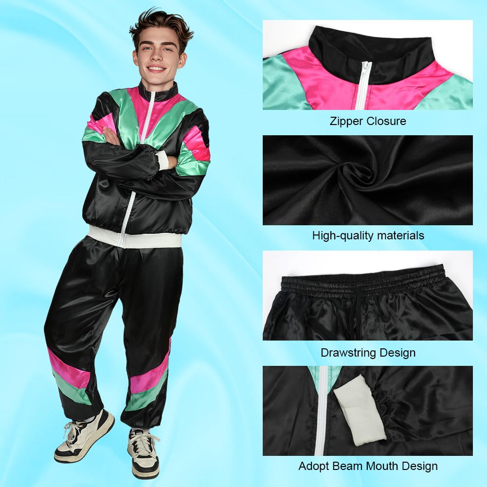 AYBUY 80s 90s Fancy Dress, Retro Disco Sportswear Outfit Set, 80s Shell Suit Costume, Hip Hop Costume Outfit for Theme Party, Halloween, Music Festivals, Masquerade, Carnival (L)