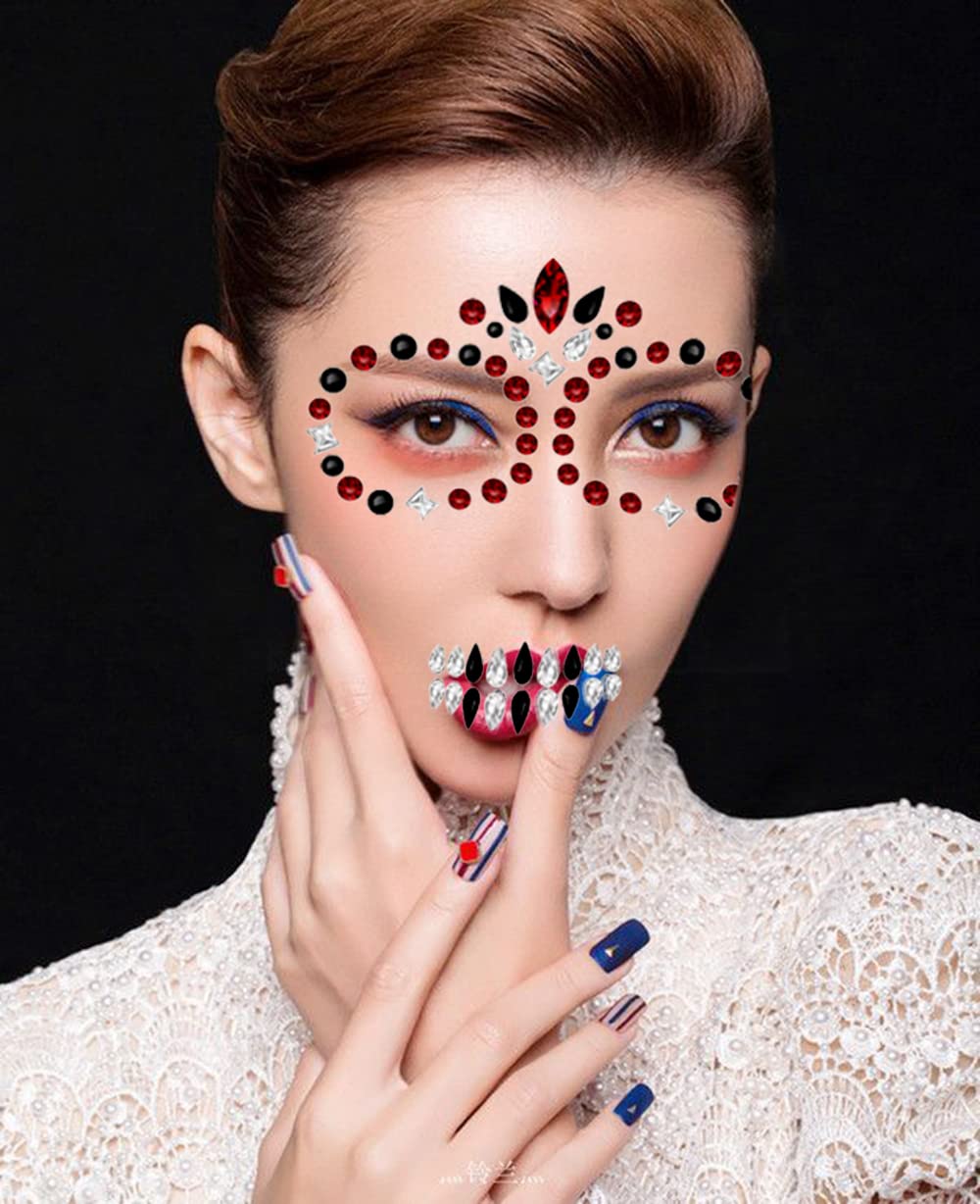 Day of the Dead Face Jewels, Day of the Dead Makeup Face Gems Stickers Crystals, Halloween Face Jewels Tattoo Festival Make up Kit Costume for Women Men (1Piece, Red and Black C)