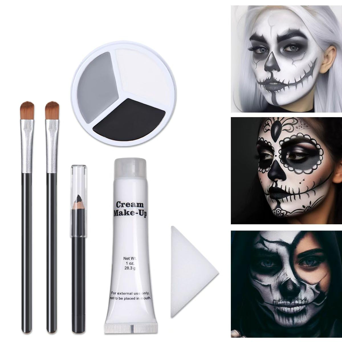Katiluxiya Halloween Professional Grey Black White Face Paint, Face Painting Kit for Halloween Skeleton Skull, Clown Cosplay, SFX Special Effect and Theme Parties. (01, Color)