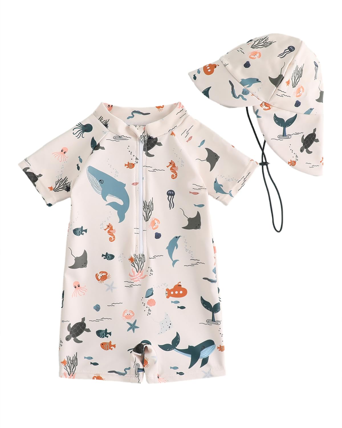 Baby Swimsuit Boys Rash Vest Set 3M-3T – Short Sleeve UPF 50+ Infant Swimming Costume with Hat, Zipper Toddler One Piece Rash Guard Swimwear, Beige Oceam 6-12 Months