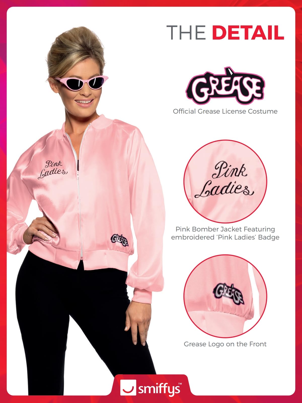 Smiffys Grease Pink Ladies Jacket for Women, Pink Jacket with Embroidered Logo, Officially Licensed, Ideal for Matching Group Outfits, Fancy Dress, and Playful Music-Themed Events Halloween