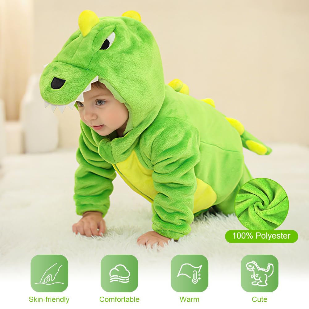 Alaoo Dinosaur Jumpsuit for Toddler and Child, One Piece Flannel Animal Hooded Rompers Jumpsuit, Hooded Cartoon Sleepsuits Infant Outfit for Halloween Dress Up Party, 90CM