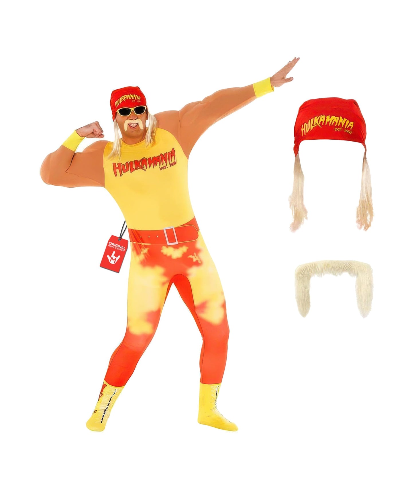 Morph Hulk Hogan Costume Adult, Hulk Hogan Fancy Dress, WWE Wrestling Costume, 80s Costumes for Adults, Large