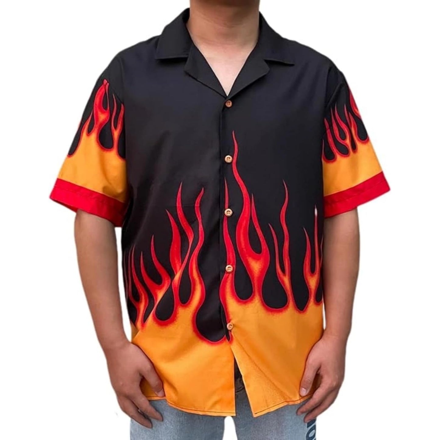 Mens Flame Shirt Short Sleeved Flame Graphic Button Down Beach