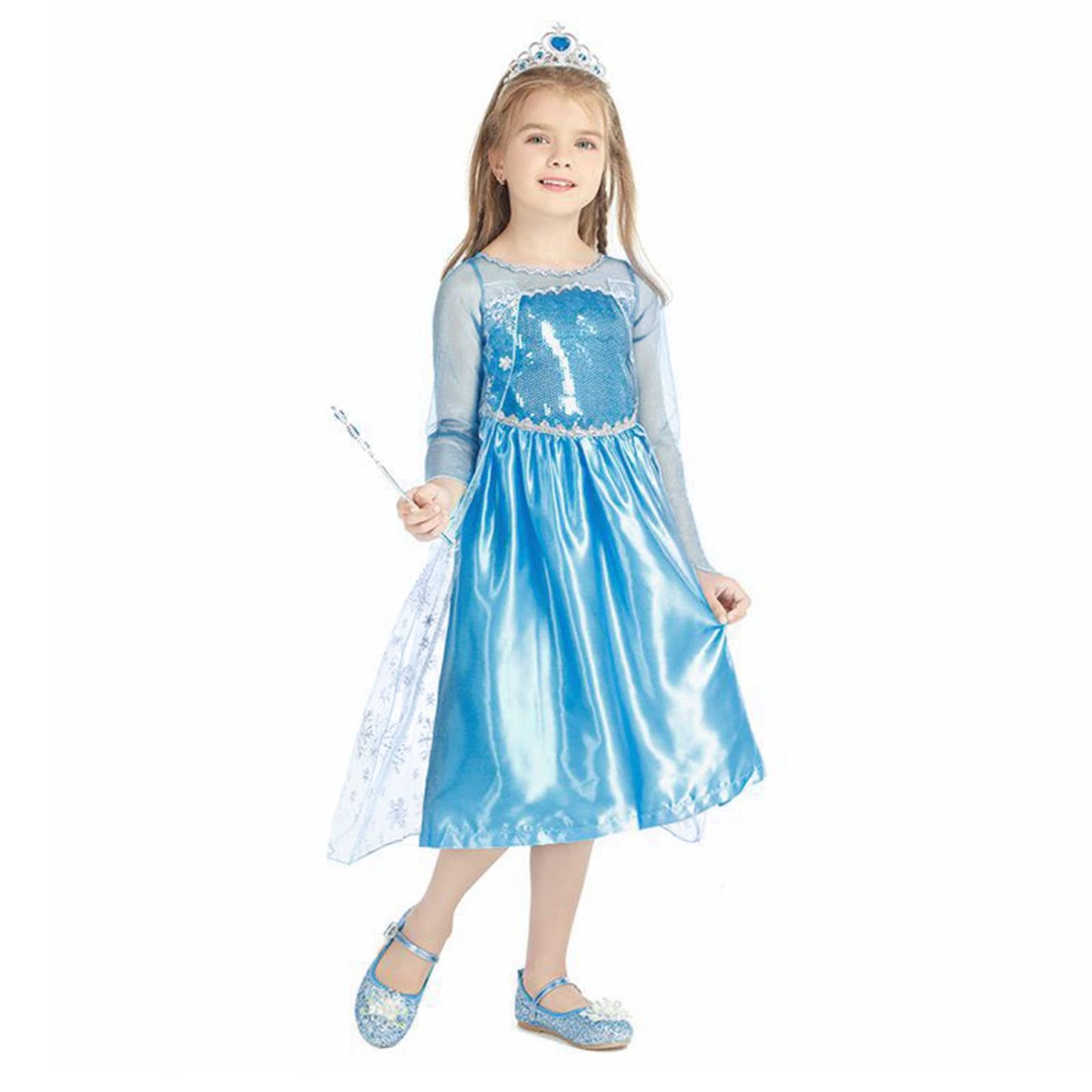 Vicloon Elsa Princess Costume, 3PCS Elsa Costume Dress, Elsa Dress with Fairy Crown Wand for Christening/Party/Pageant/Bridesmaid Princess Kids Dress Ball Gown（4-5 years）