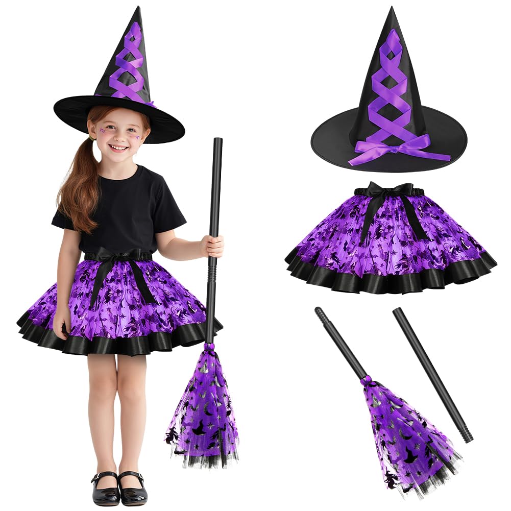 DiULi Halloween Outfits, Witch Costumes Halloween Fancy Dress Costume Wicked Witch Girl Costumewith Tutu Skirt Hat Witches Broom for Girls Cosplay,Purple