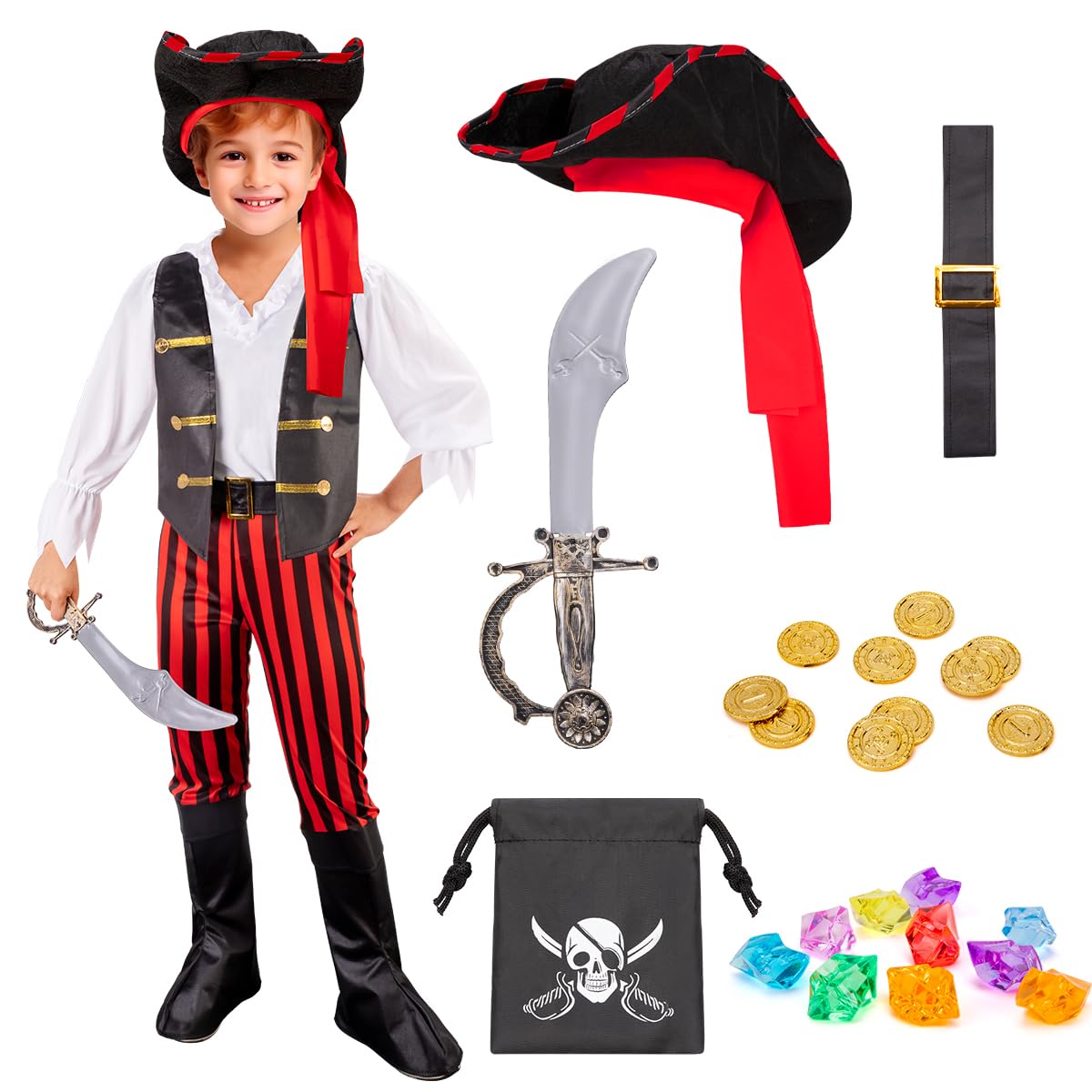 MELAND Pirate Costume Kids, Boys Girls Dress up with Pirate Hat, Boot-covers for Kids Aged 3 to 10, Fancy Dress for Kids & Toddlers Pirate Day Halloween Costumes (Black, M(5-6 Years))