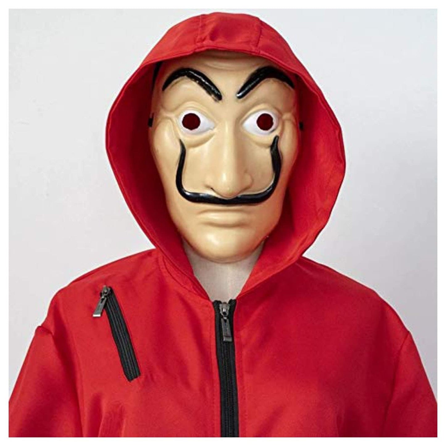 Anxicer Halloween Bank Robber Jumpsuit - Long Sleeve Red Romper with Hood & Mask, Carnival Thief Costume Set (Adult-XL-180-185)