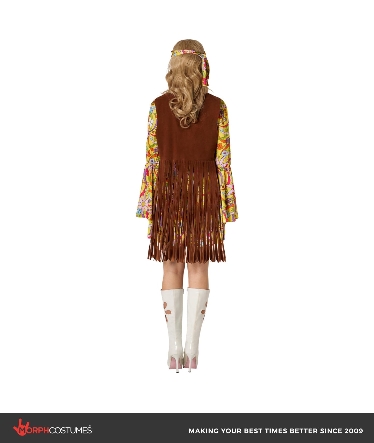 Morph Women's 70s Hippie Costume Yellow Dress With Separate Faux-Suede Vest And Headtie, Adult, Female, Plus Size, Halloween, Carnival