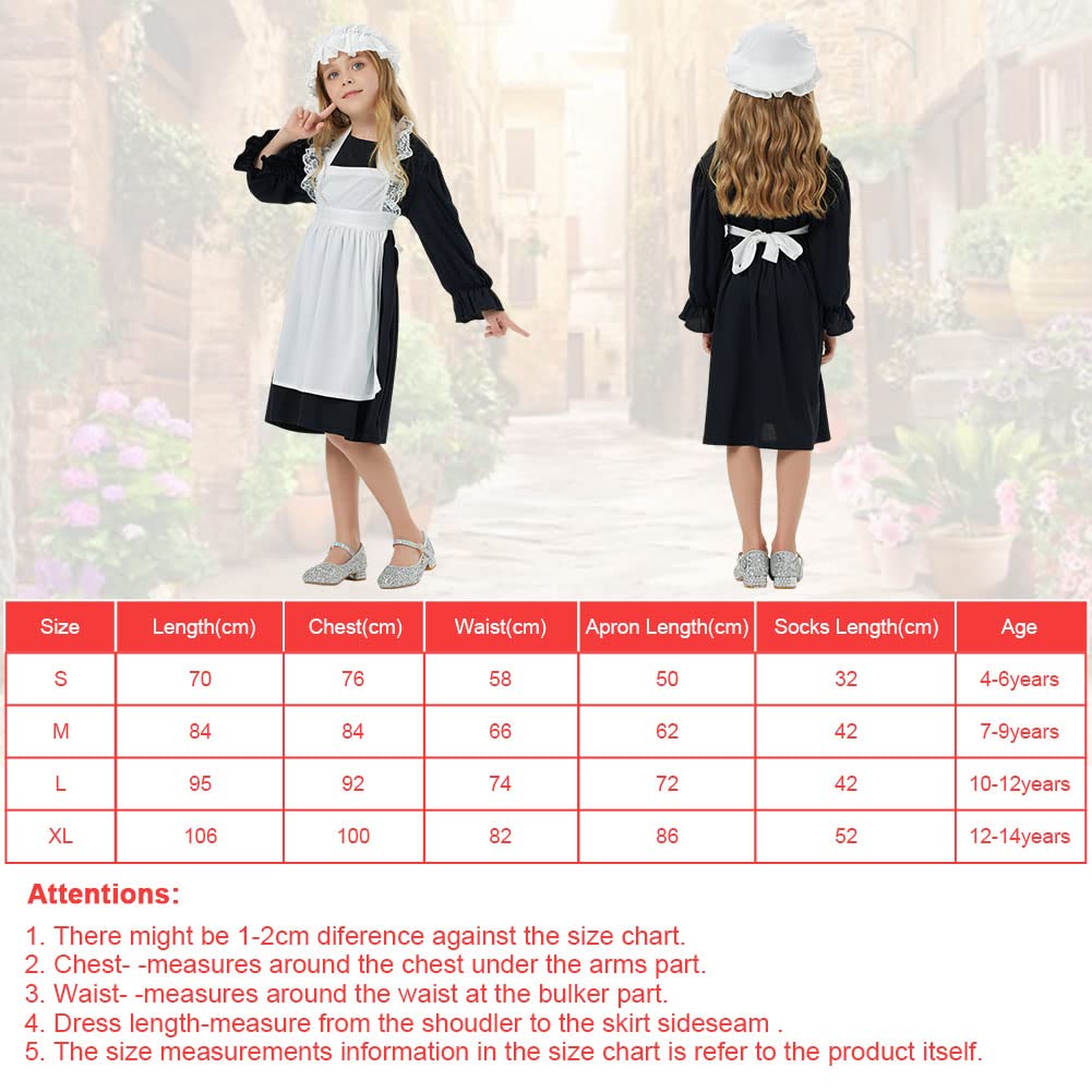 AOMIG Victorian Maid Costume for Girls, Village Medieval Dress with Mop Cap & White Socks, Kids Poor Girl Outfit Fancy Costumes Halloween Cosplay, World Book Day, Black, XL, C2-XL-Bl230324-FBA