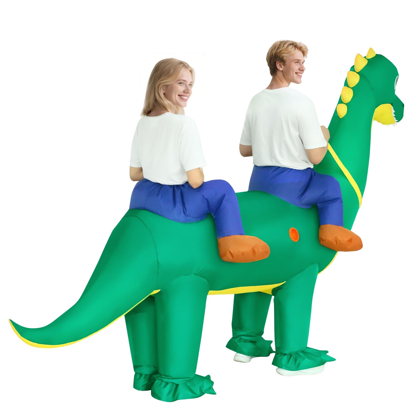 Poptrend Couple Inflatable Dinosaur Costume for Adult Blow Up Costumes 2 Person Halloween Funny Ride On Brachiosaurus Costumes for Men Women Funny Fancy Dress Party
