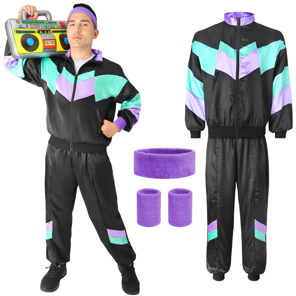 Aomig 80s Height of Fashion Shell Suit Costume, 80s Fancy Dress Men Women with Headband Wristbands, 1980s Disco Fancy Dress, 80s 90s Outfits Fashion Retro Tracksuit for Halloween Carnival Party(L)
