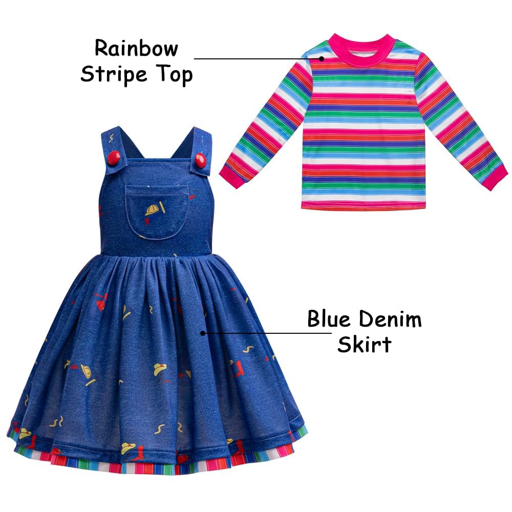 GMEDJVE Girls Halloween Killer Doll Costume for Kids Creepy Killer Doll Dress Toddler Horror Movie Cosplay Outfits Set 4PCS