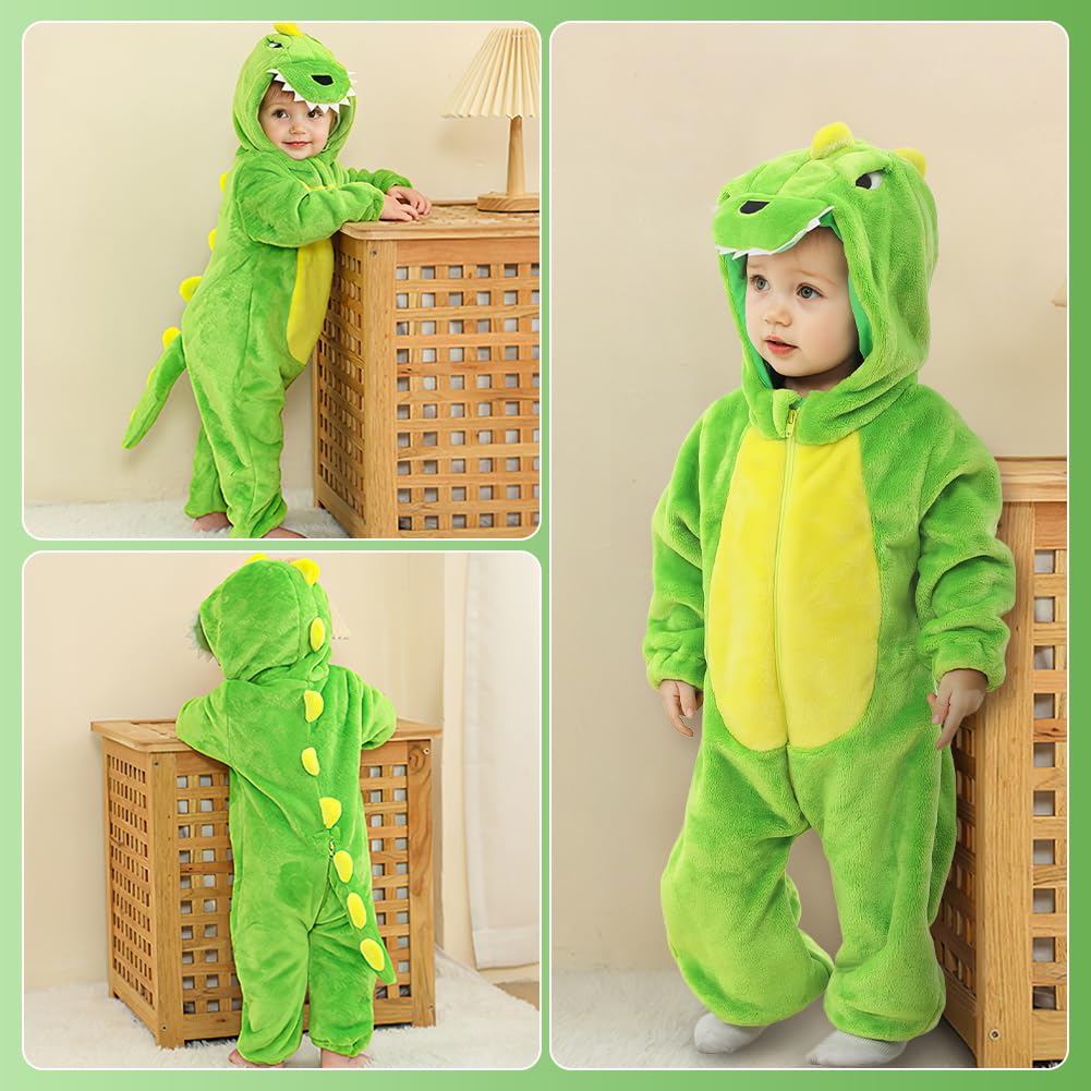 Alaoo Dinosaur Jumpsuit for Toddler and Child, One Piece Flannel Animal Hooded Rompers Jumpsuit, Hooded Cartoon Sleepsuits Infant Outfit for Halloween Dress Up Party, 90CM