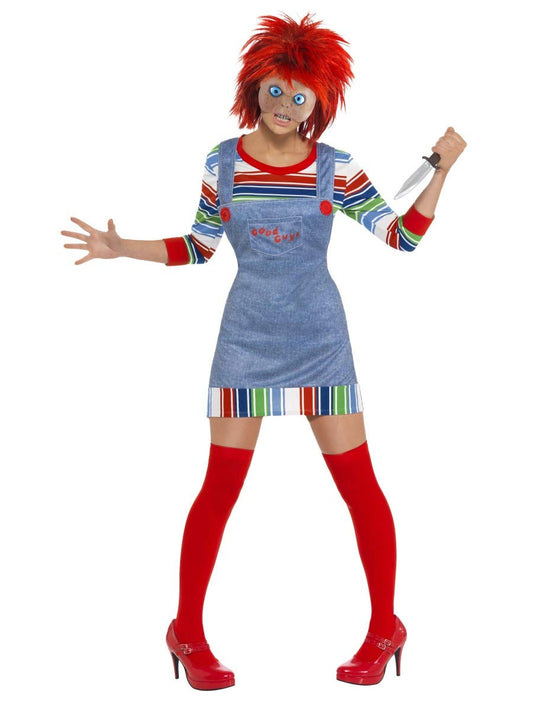 Smiffys Chucky Ladies Costume, Blue with Jumper, Dungarees, Mask & Wig, Officially Licensed Chucky Fancy Dress, Adult Dress Up Costumes