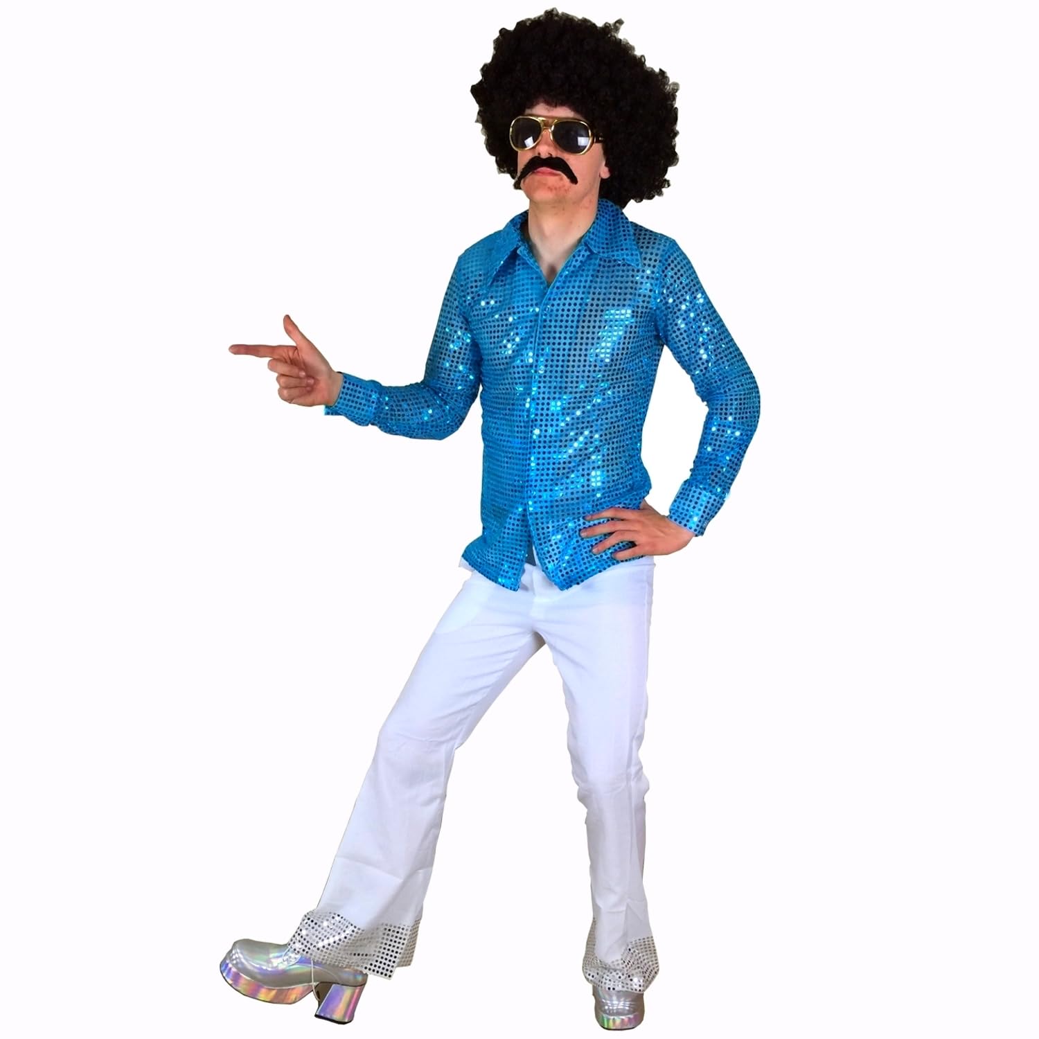 Men's 70s Disco Costume - Shiny Sequin Shirt & Flared Trousers (image 3)