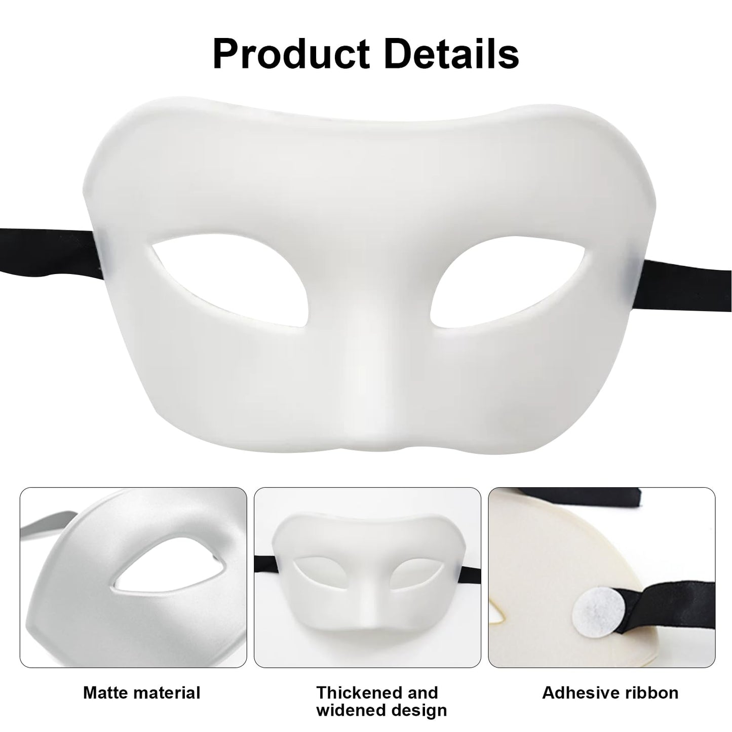 Vyqrx White Masquerade Mask for Adults – Classic Venetian Style Half Face Costume Mask for Men & Women, Halloween Fancy Dress Party Accessory, Cosplay & Carnival Eye Mask (White)