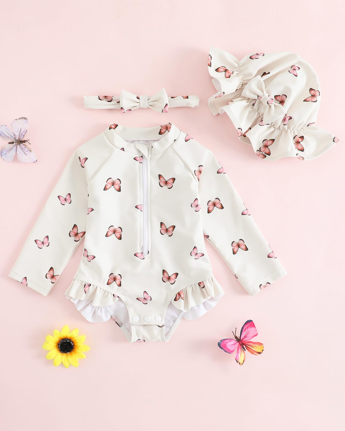 Baby Swimsuit Girl 3-Piece Set 0M-3T, Long Sleeve Toddler Swimming Costume with Hat & Headband, UPF 50+ Infant Rash Vest Front Zipper & Snaps, Beige Butterfly 3-6 Months