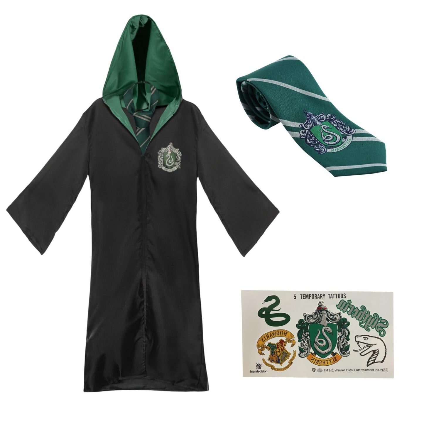 Harry Potter Slytherin Kids Costume Set – Hogwarts Robe, Necktie & Temporary Tattoos – Children’s Fancy Dress Outfit for World Book Day & Parties