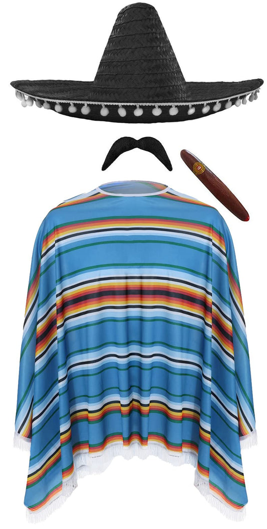 Mexican man costume with blue green orange poncho and sombrero
