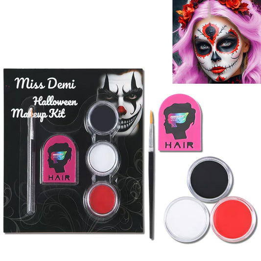Halloween Makeup Kit with Black White Red Face Paint - Pink Hair
