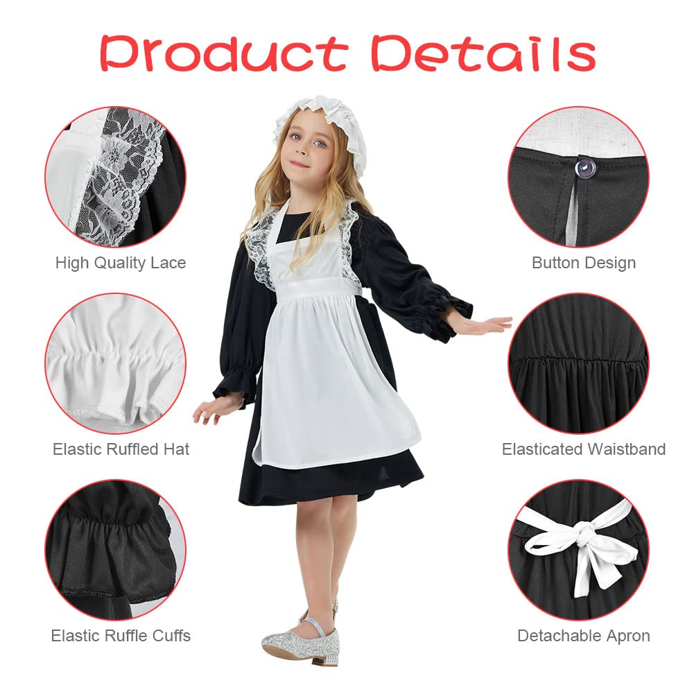 AOMIG Victorian Maid Costume, Village Medieval Dress with Mop Cap & Socks, Kids Poor Outfit Fancy Costumes for Halloween Cosplay, World Book Day, Black, (C2-M-Bl230324-FBA)