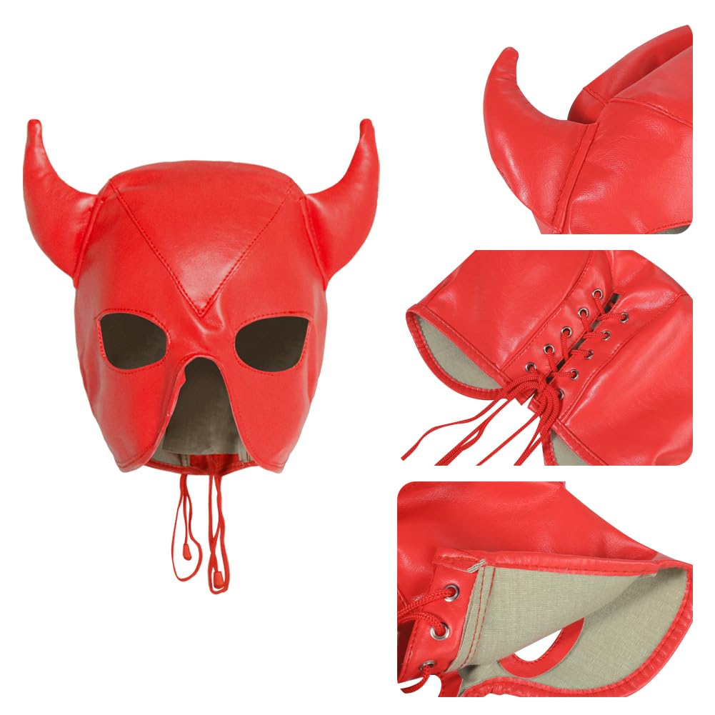 PU leather Horn Full Cover Hood Mask Opened Mouth Show Eyes Face Mask Adjustable Lace-up Hood Headgear Halloween Cosplay Fancy Dress Eye Mask Night Club Dress Up Costume for Couple Games Carnival