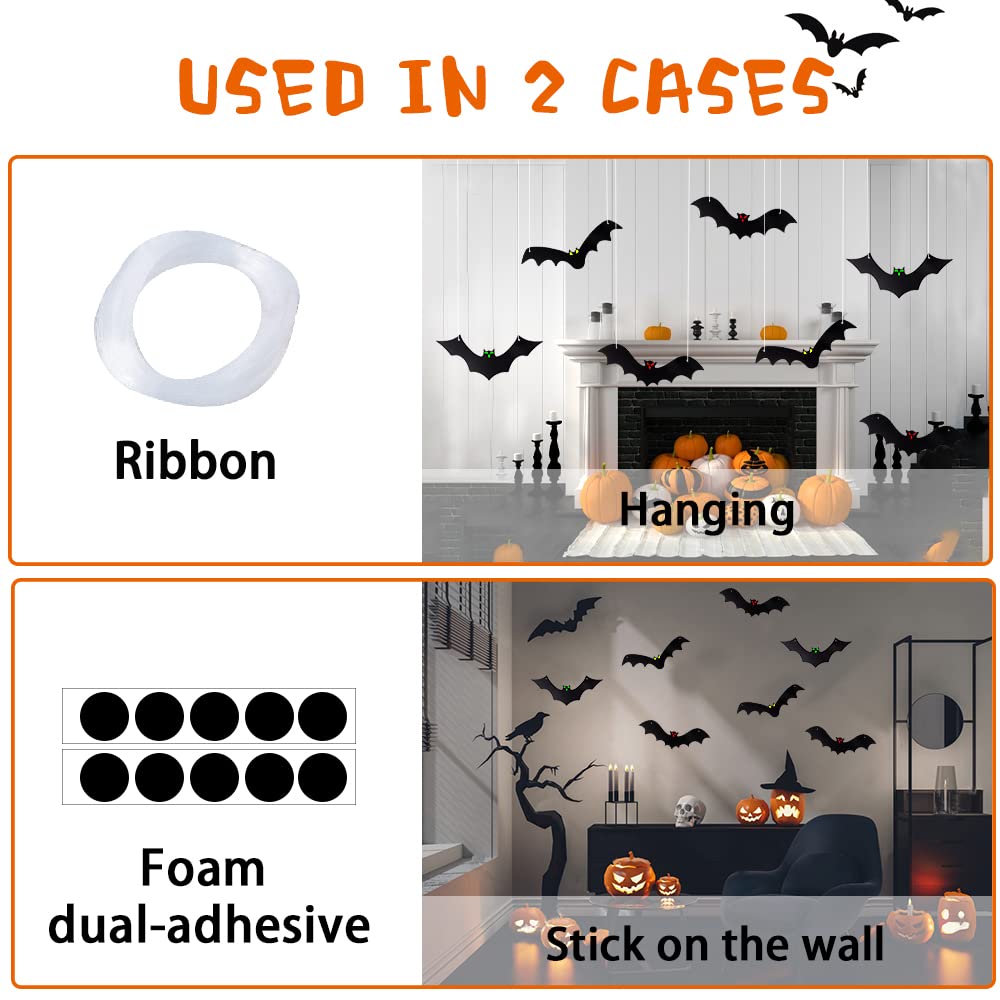 DTYDECLE 12PCS Halloween Hanging Bats, Halloween Flying Bat Hanging Decorations with Glowing Eyes for halloween Decor Outdoor Yard Party Decoration Supplies