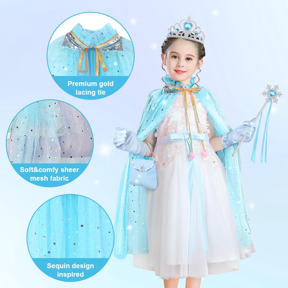 AOOWU Princess Cape Set for Girls, Elsa Princess Cloak with Crown, Wand, Jewelry, Gloves, Princess Elsa Fancy Dress Up Sparkling Sequin Tulle Princess Cape Set for Halloween Christmas Birthday Cosplay