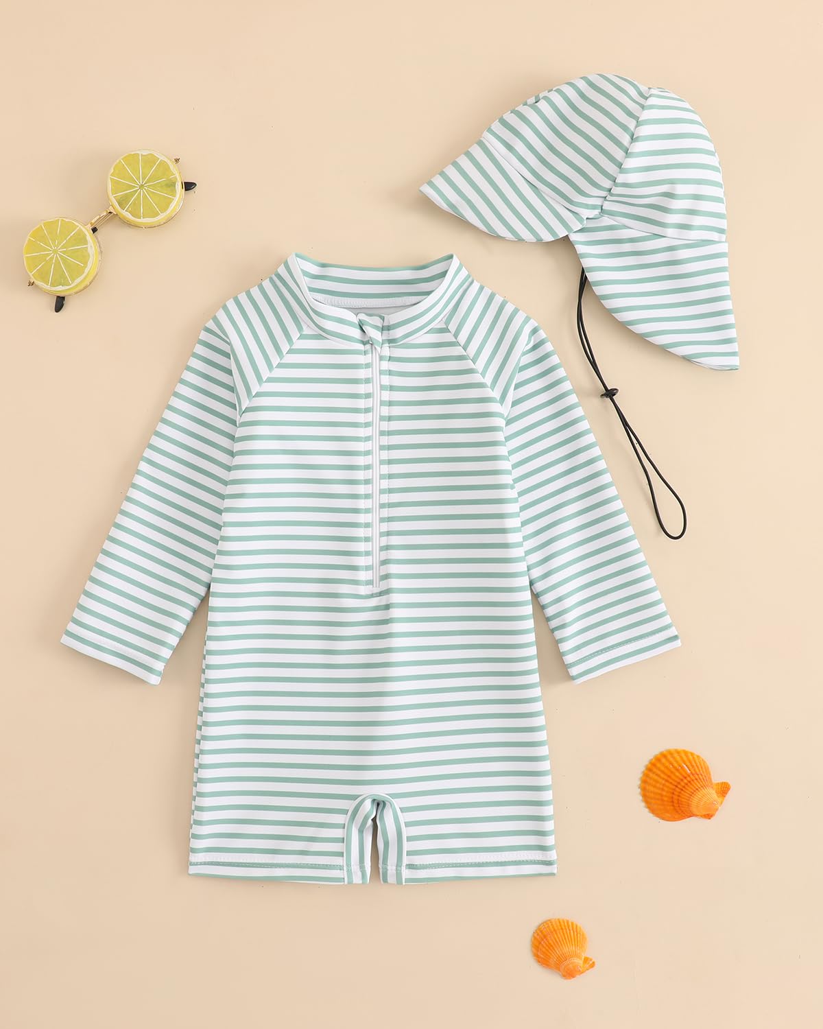 Baby Swimsuit Boy Girl Rash Vest Set 0M-3T, Long Sleeve UPF 50+ Infant Swimming Costume with Hat, Zipper Toddler One Piece Rash Guard Swimwear, Green Stripe 1-2 Years