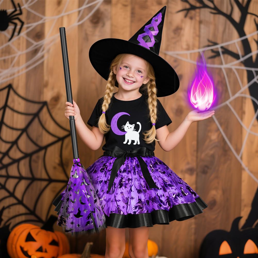 DiULi Halloween Outfits, Witch Costumes Halloween Fancy Dress Costume Wicked Witch Girl Costumewith Tutu Skirt Hat Witches Broom for Girls Cosplay,Purple