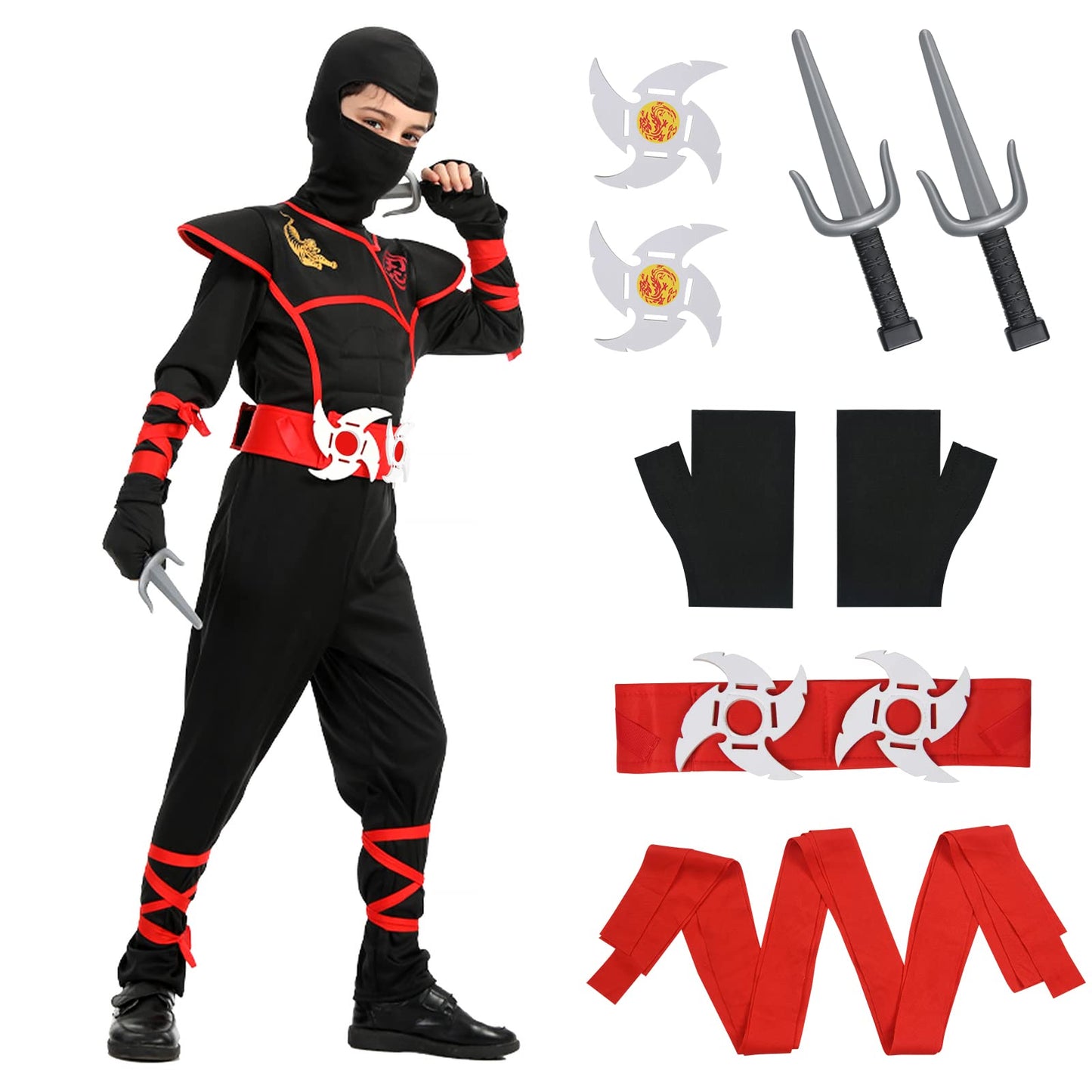 Aomig Kids Halloween Fancy Dress Costume with Ninja Accessories, Warrior Muscle Costume for Boys Girls, Luxury Role Play Outfit for Halloween Cosplay Theme Party (L)