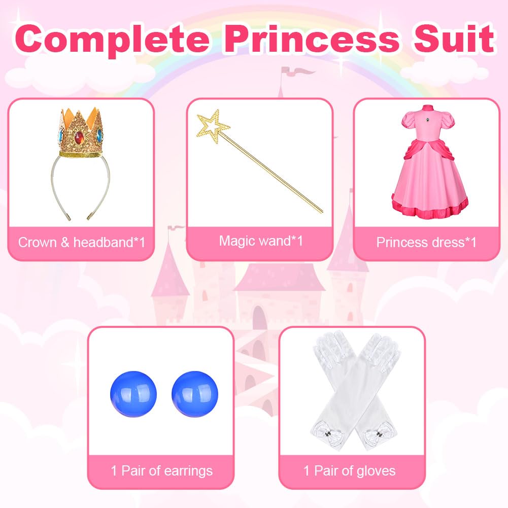 Aomig Peach Princess Costume for Girls, 5 Pcs Peach Fancy Dress Up with Crown Earrings Gloves Brooch Wand, Princess Peach Outfits Dress for Girls for Party Cosplay Birthday Halloween Christmas(120)