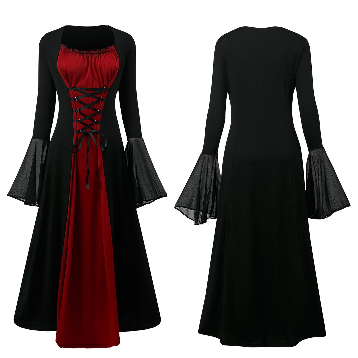 CNVAUIE Renaissance Costume for Women, Medieval Dress with Trumpet Sleeves, Gothic Maxi Dress, Carnival, Halloween, Party (Red, S)