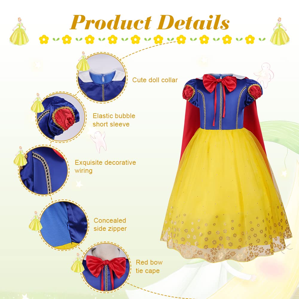 Aomig Girls White Snow Costume, Deluxe White Snow Princess Fancy Dress With Crown Wand and Red Cape, White Snow Princess Dress Up for Girl Birthday Bridesmaid Christmas Carnival Halloween Cosplay(120)