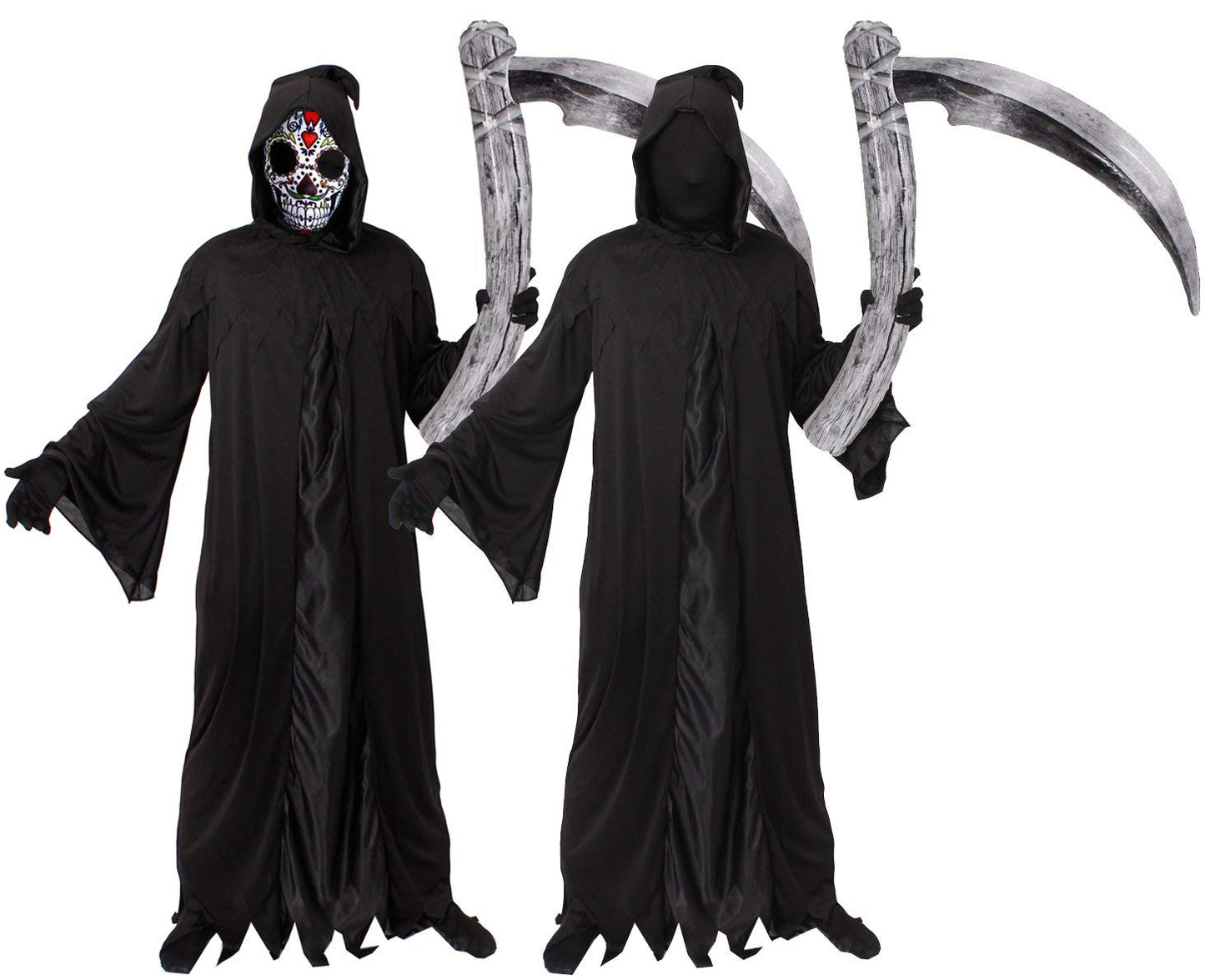 DAY OF THE DEAD GRIM REAPER COSTUME - ADULTS DEATH HALLOWEEN FANCY DRESS COSTUME - BLACK ROBE + HOOD + GLOVES + INFLATABLE SCYTHE + REVERSIBLE MASK - PERFECT HALLOWEEN COSTUME - (LARGE)
