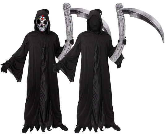 DAY OF THE DEAD GRIM REAPER COSTUME - ADULTS DEATH HALLOWEEN FANCY DRESS COSTUME - BLACK ROBE + HOOD + GLOVES + INFLATABLE SCYTHE + REVERSIBLE MASK - PERFECT HALLOWEEN COSTUME - (LARGE)