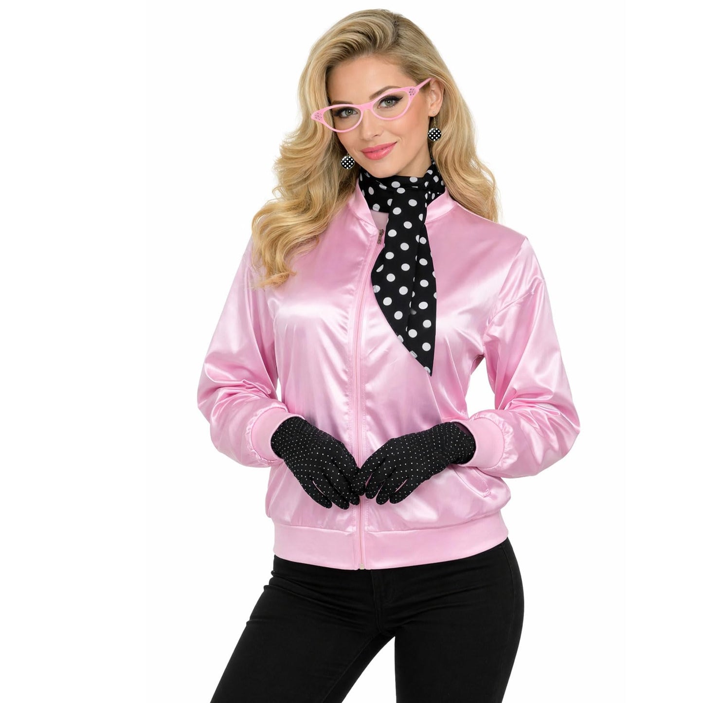 MUNSKT Pink Lady Jacket,Women Fancy Dress Costumes,1950S Costume Outfits,50s Pink Ladies Jacket with Accessories Halloween Cosplay Costume (L)