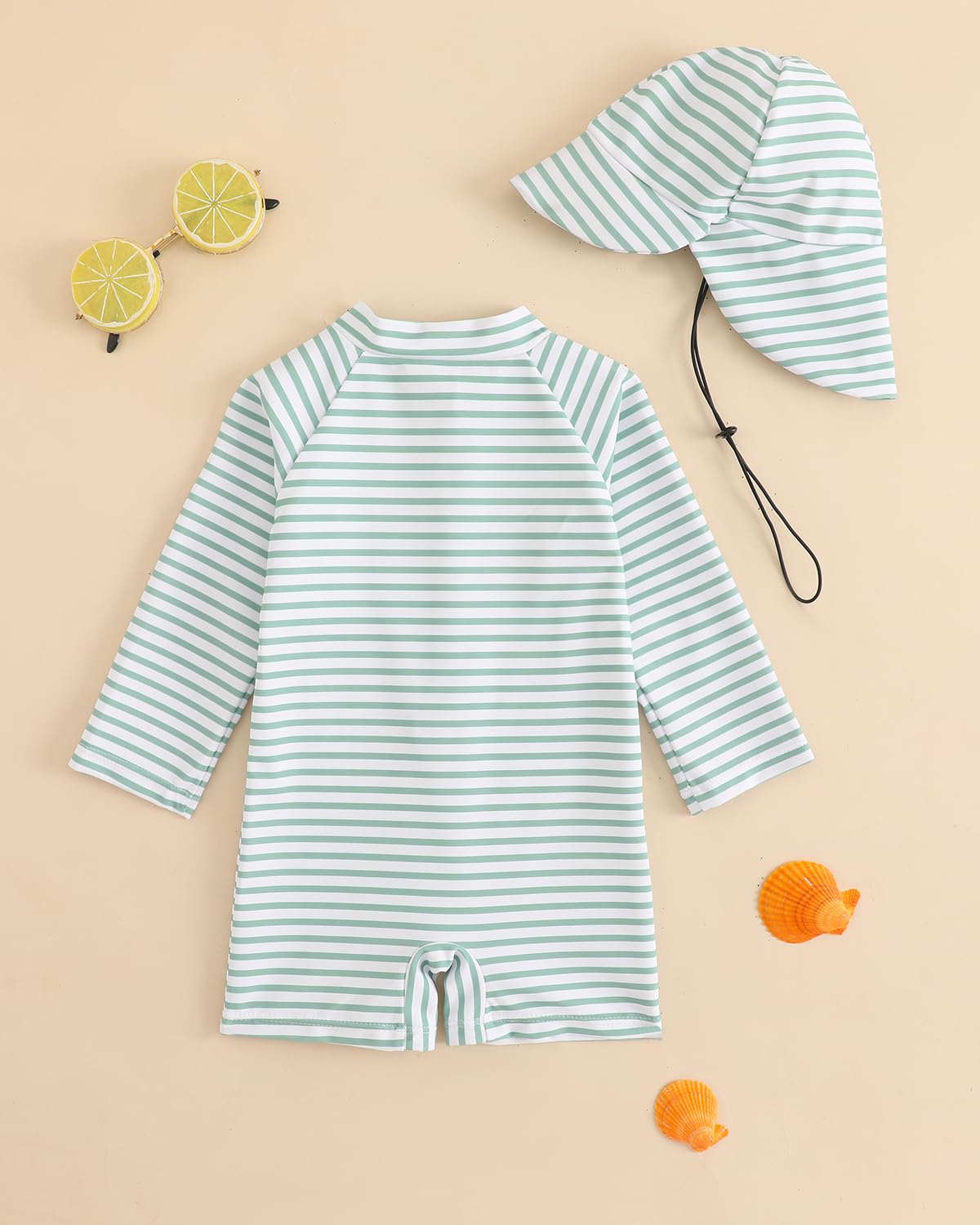 Baby Swimsuit Boy Girl Rash Vest Set 0M-3T, Long Sleeve UPF 50+ Infant Swimming Costume with Hat, Zipper Toddler One Piece Rash Guard Swimwear, Green Stripe 1-2 Years