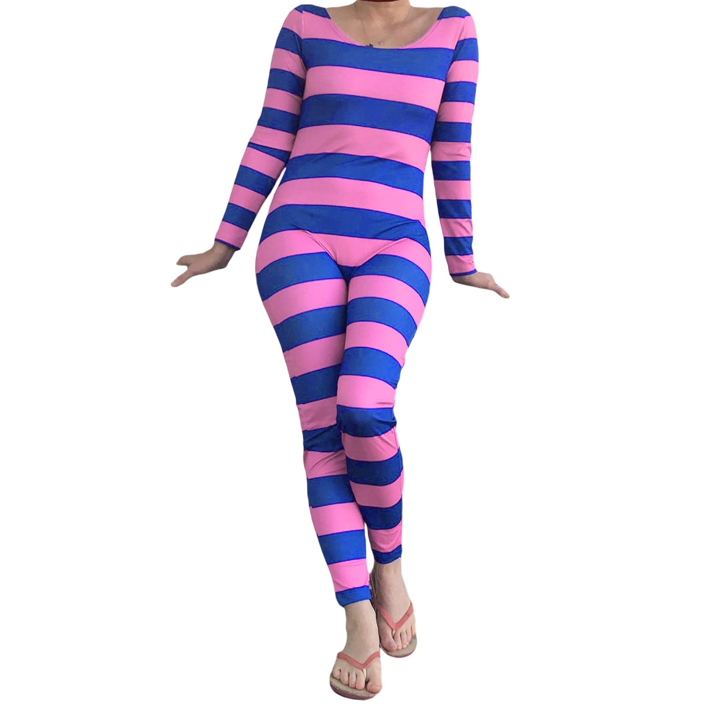 Cusghjbsg Women Halloween Cheshire Cat Cosplay Costume Long Sleeve Stripe Print Contrast Color Slim Jumpsuit Role Play Outfit Romper (Pink Purple A, L)