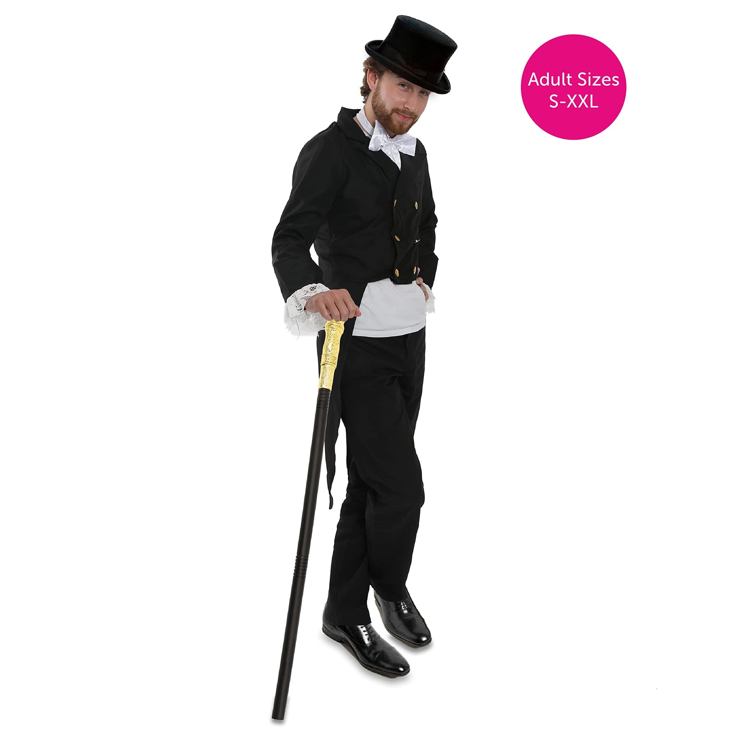 Posh Victorian Man Costume - Large - Black Jacket, White Cravat, Plush Top Hat, White Gloves and Moustache - Historical Fancy Dress