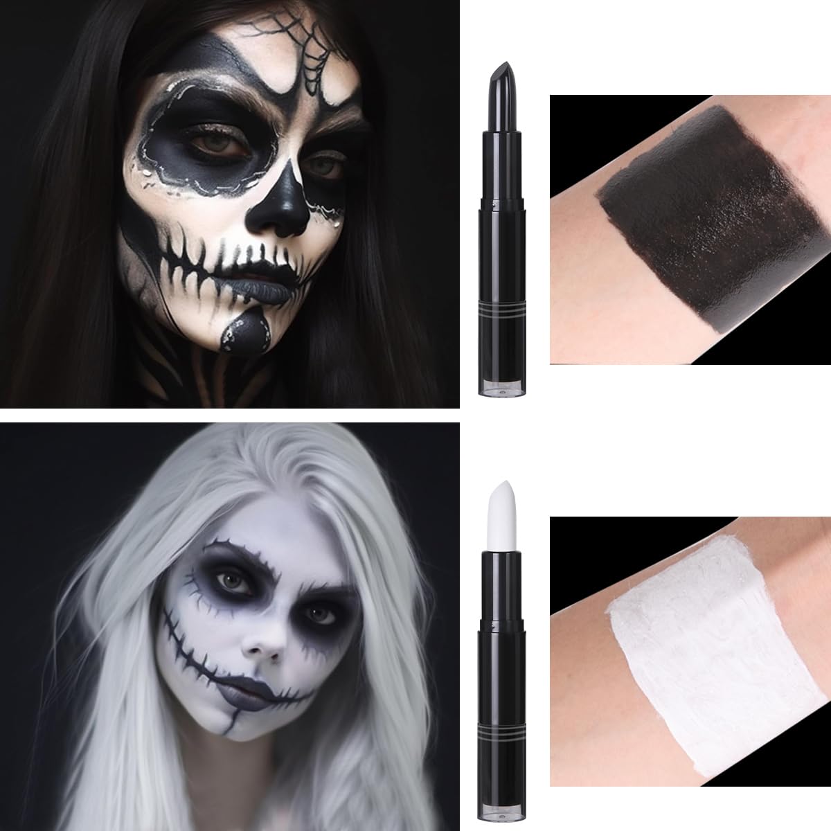 Teekerwang Halloween Clown Black White Face Body Paint Stick Set, Eye Black for Sports, Skeleton Vampire Skull Cosplay Special Effects Costume SFX Halloween Makeup Kit. (01, Color)