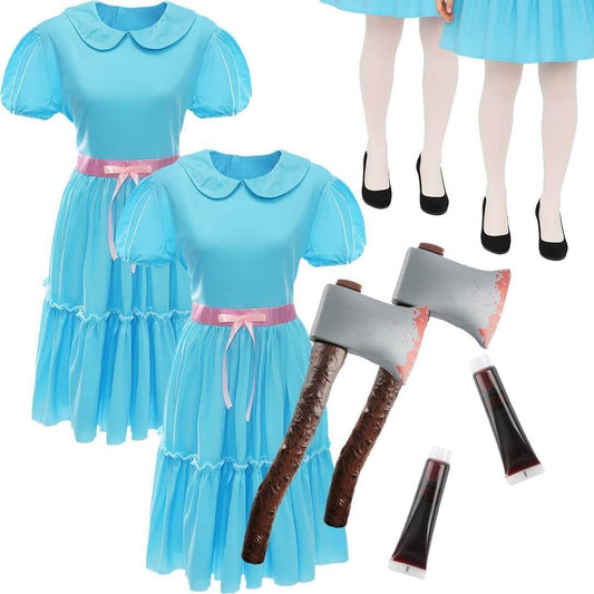 Adults Duo Haunted Twin Costume - Creepy Blue Dress - Tights