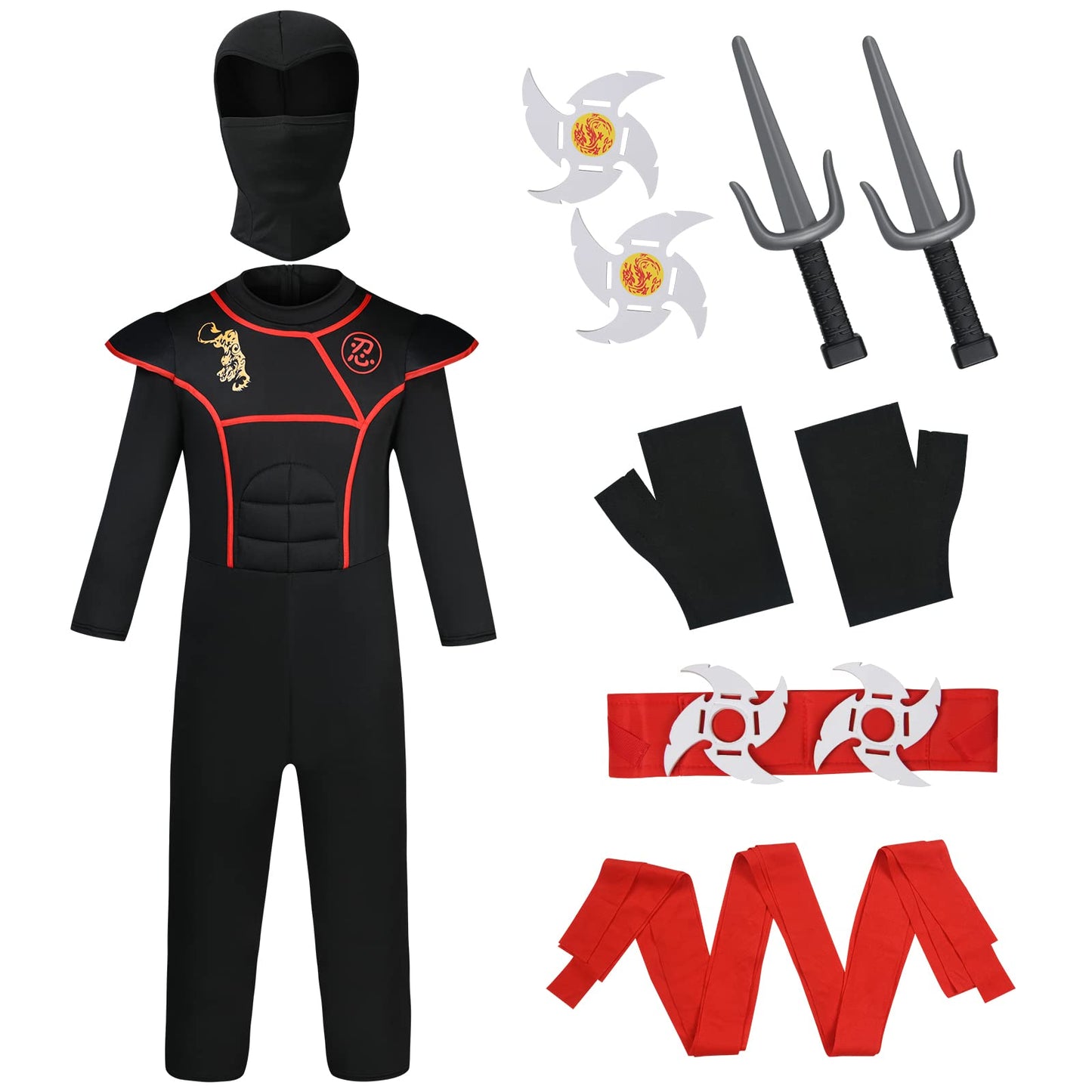 Aomig Kids Halloween Fancy Dress Costume with Ninja Accessories, Warrior Muscle Costume for Boys Girls, Luxury Role Play Outfit for Halloween Cosplay Theme Party (L)